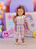 Back To School Plaid Crayon Embroidery Girls Dress Bow Puff Sleeve by Rylee Faith Designs at Everetts Place