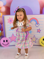 Back To School Plaid Crayon Embroidery Girls Dress Bow Puff Sleeve by Rylee Faith Designs at Everetts Place