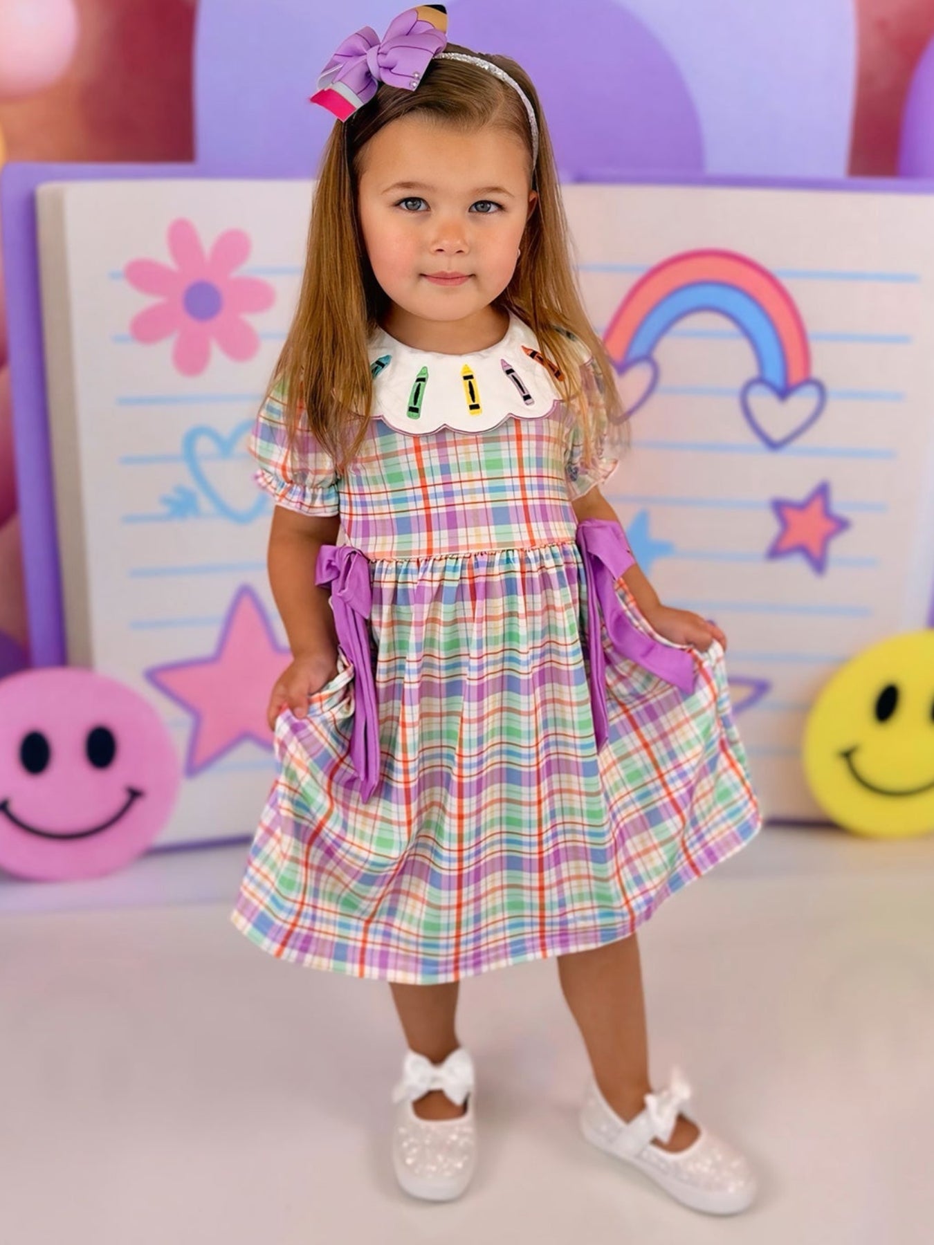 Back To School Plaid Crayon Embroidery Girls Dress Bow Puff Sleeve by Rylee Faith Designs at Everetts Place