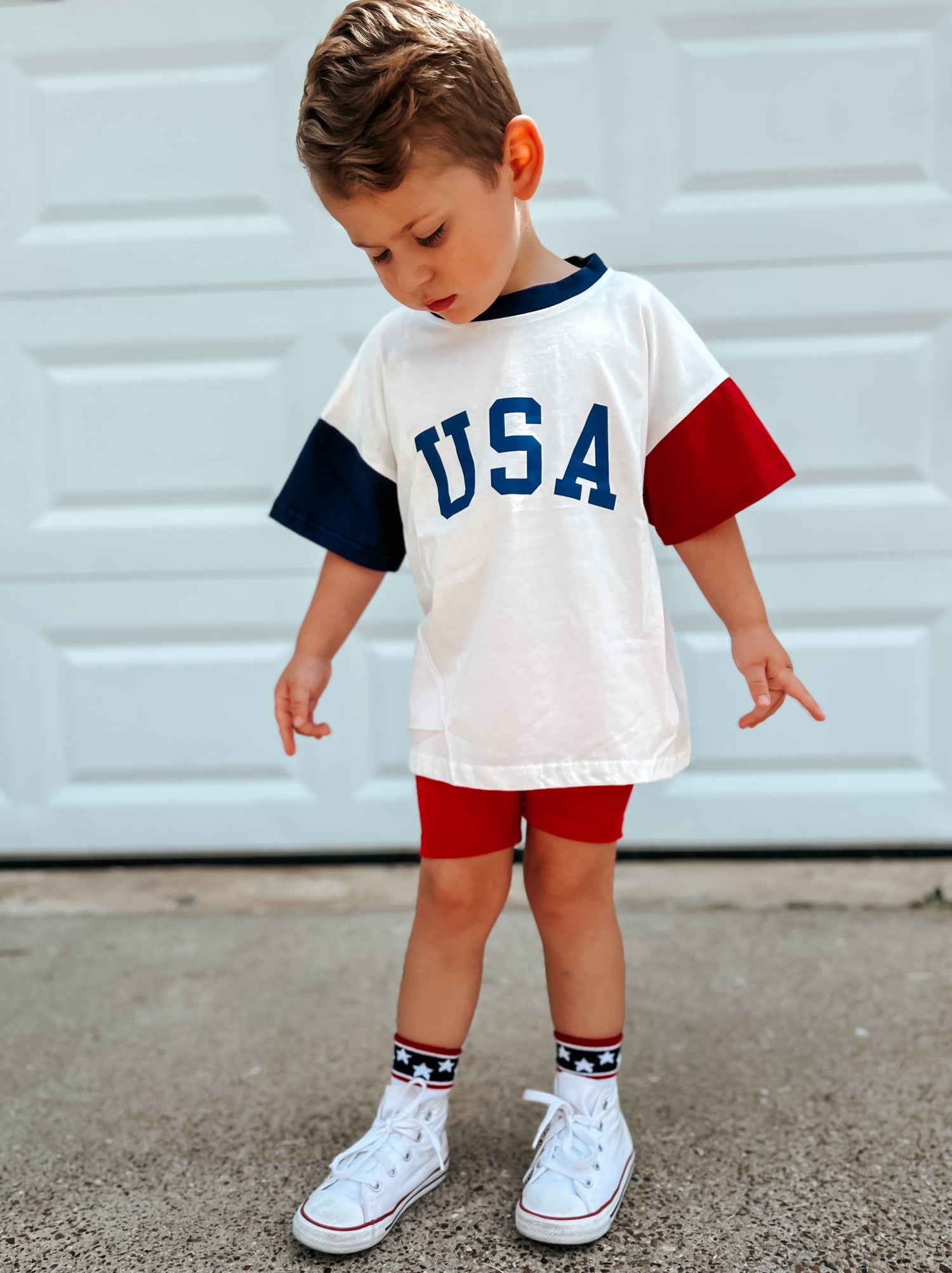 Kids colorblock tee in red, white and blue with a patriotic USA-inspired design.