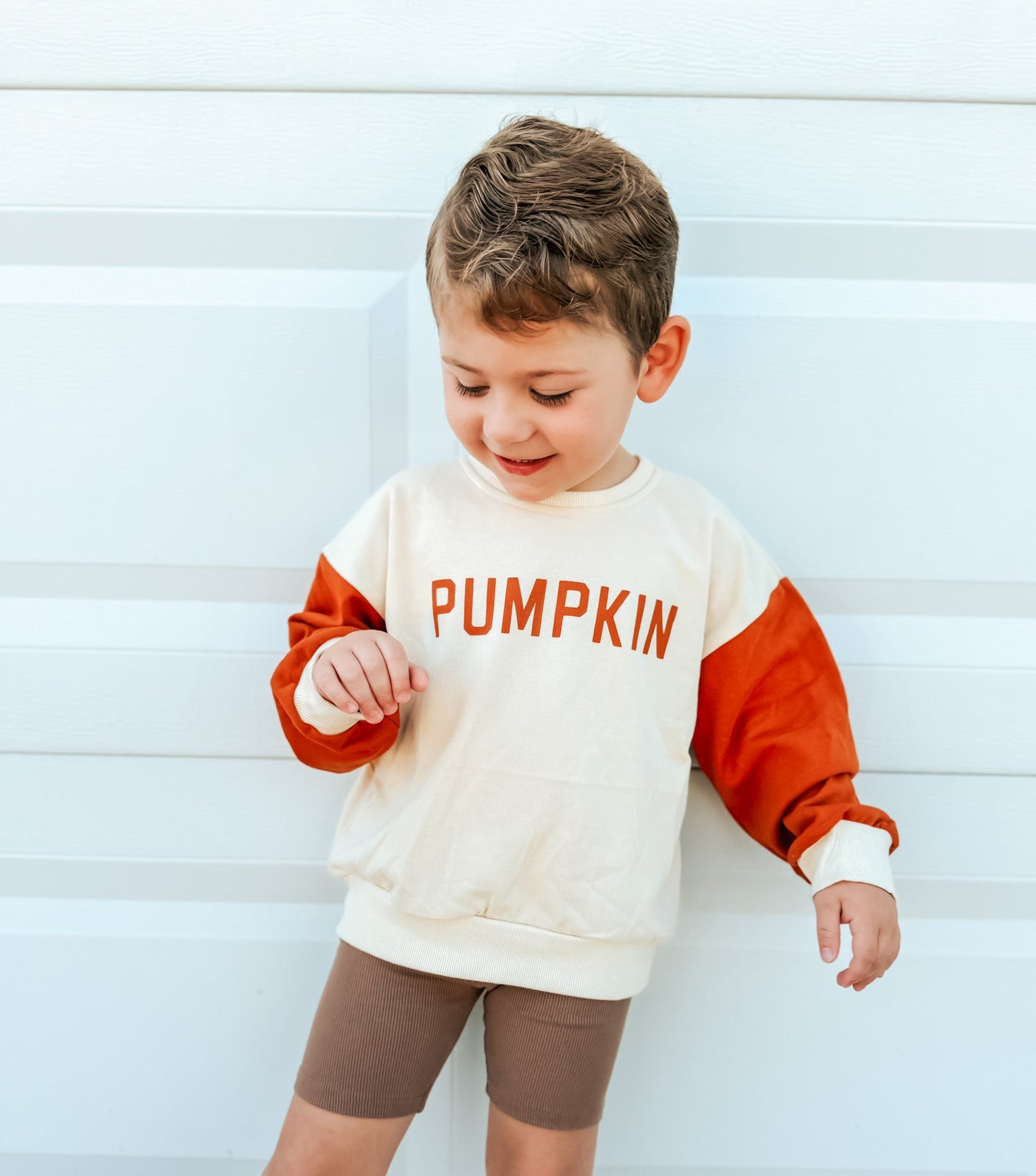 Colorblock crewneck sweatshirt with a pumpkin graphic on the front