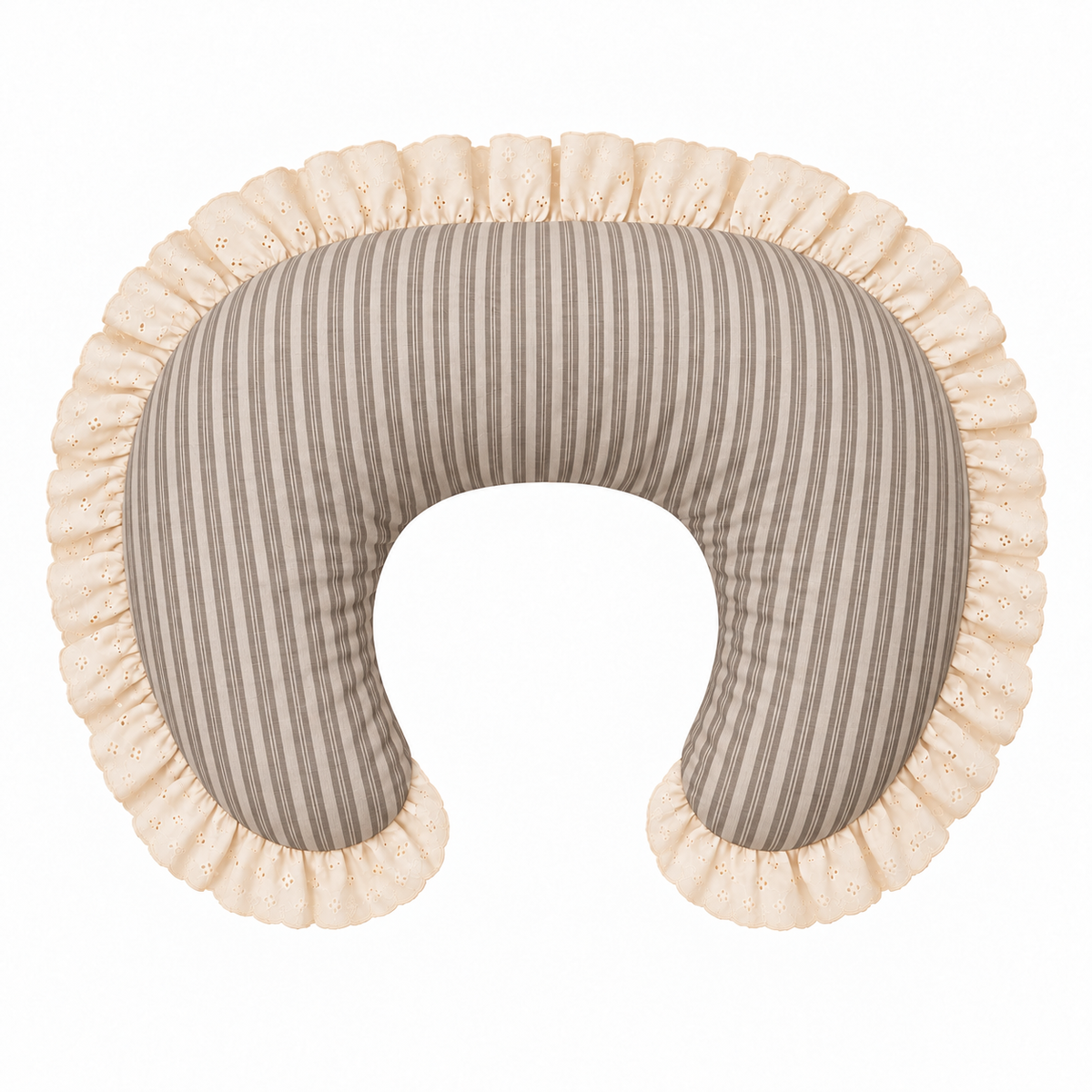 Ivory eyelet nursing pillow cover with ruffle trim edging, shown fitted on a curved nursing pillow