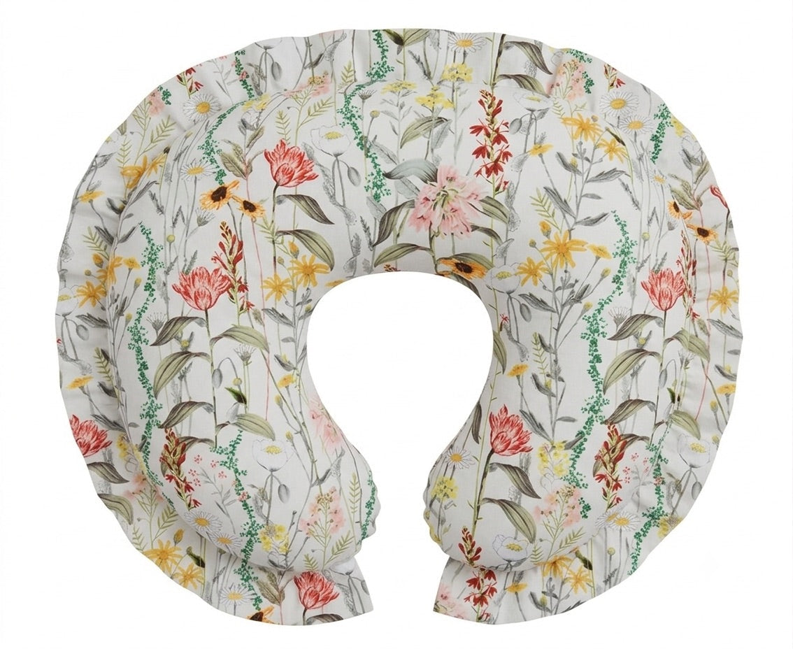 Cotton nursing pillow cover with wild floral print and ruffle trim