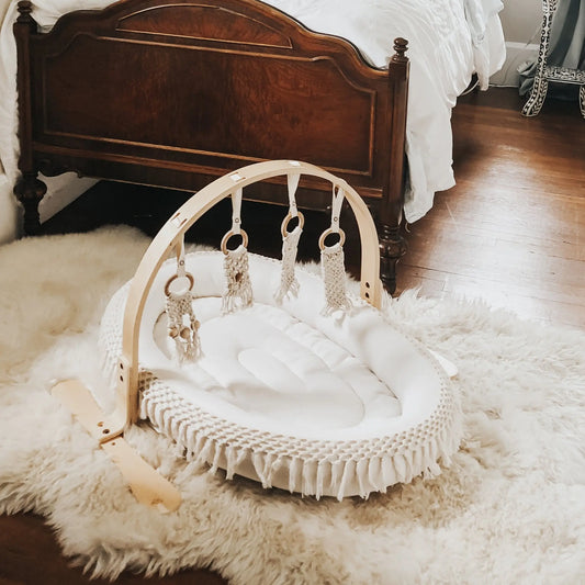 Macrame Lounge Mat and Play Gym Bundle in Three Wood Options Finn + Emma