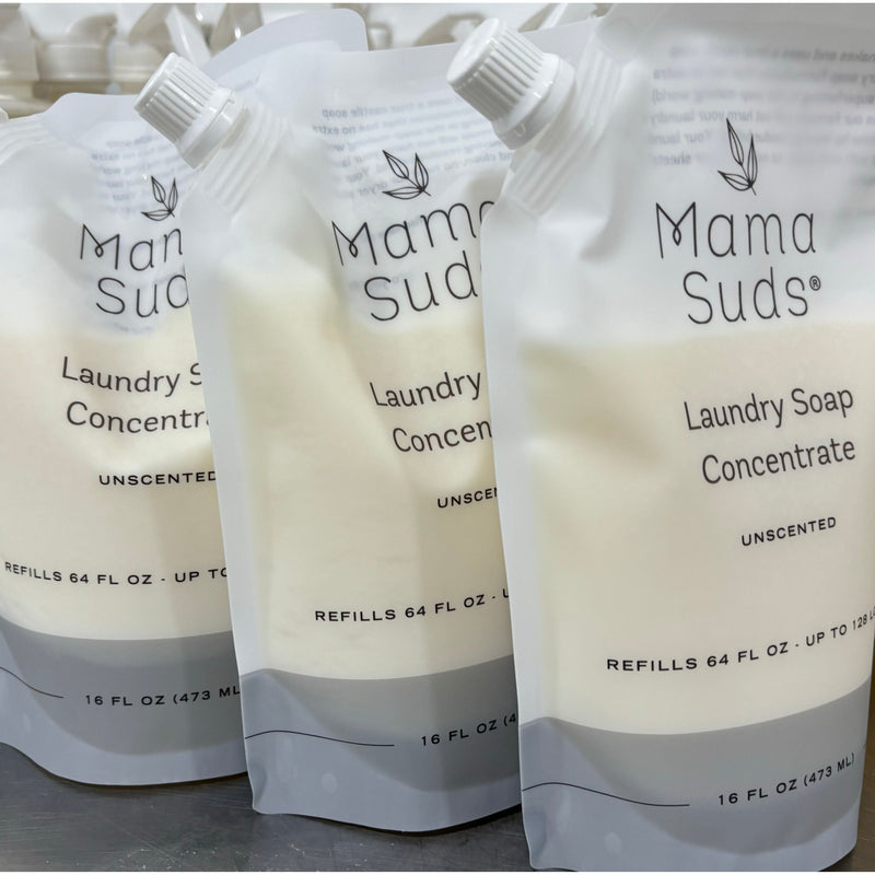 Laundry Soap Concentrate Pouches by MamaSuds in recyclable packaging.
