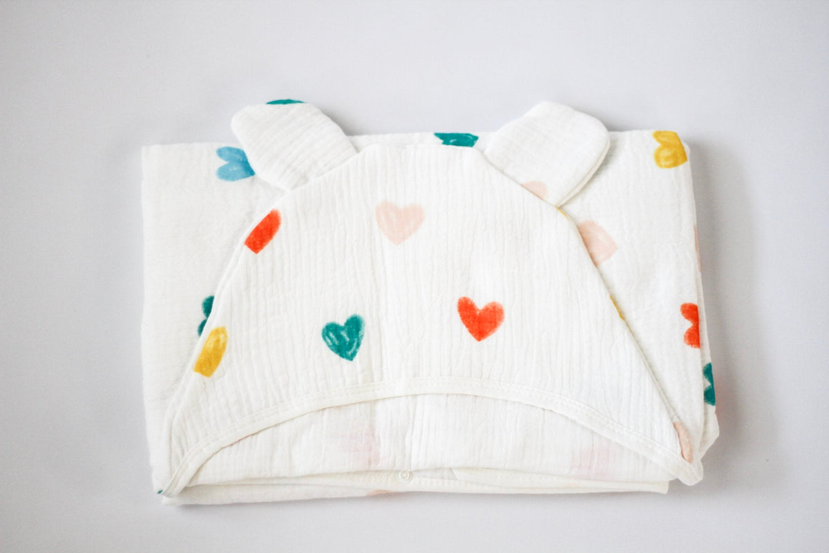 Muslin Cotton Girl’s Hooded Bathrobe – Colorful Hearts Cover-Up by Rayn’s Tiny Stitches