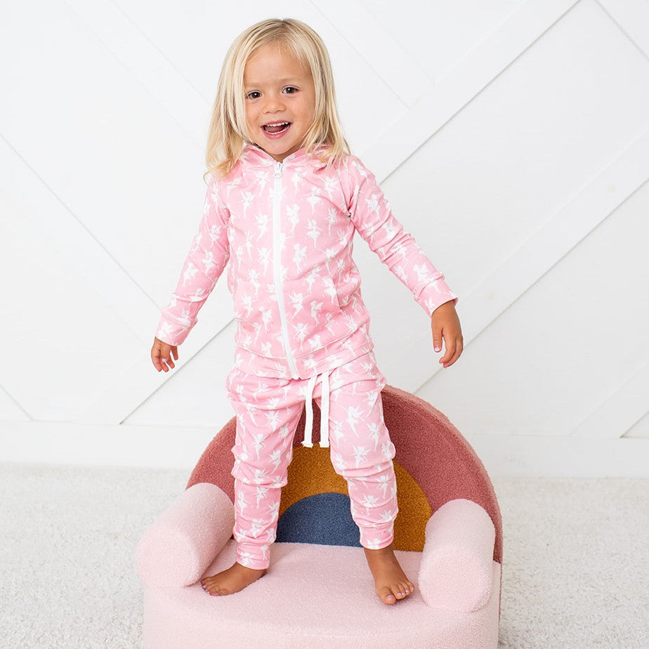 Relaxed fit kids joggers with elastic waist and drawstring in a fairies print