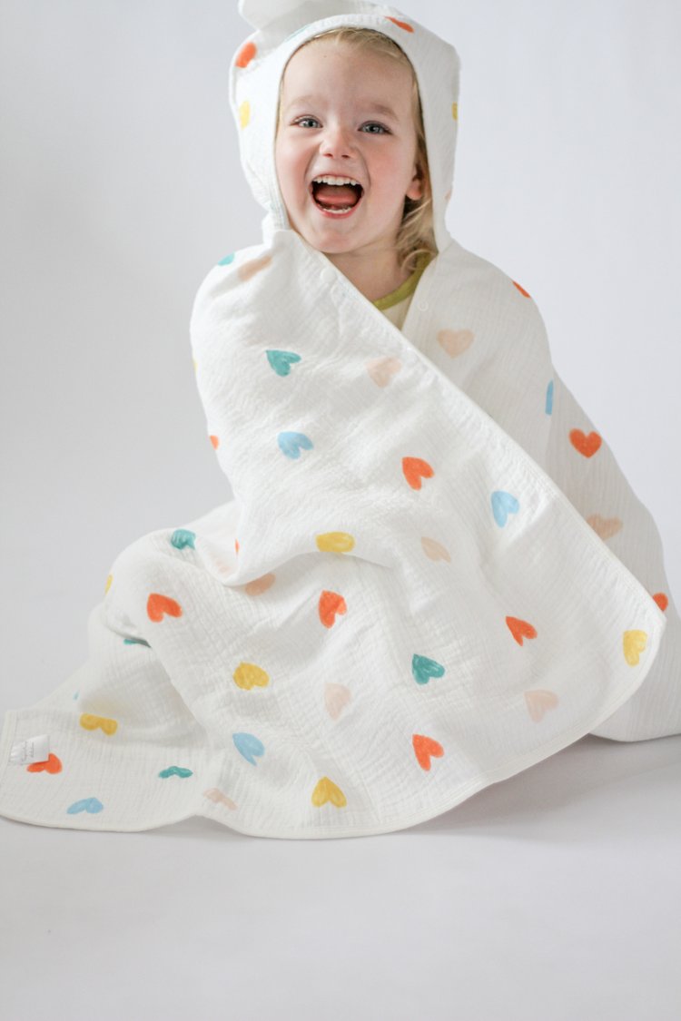 Muslin Cotton Girl’s Hooded Bathrobe – Colorful Hearts Cover-Up by Rayn’s Tiny Stitches