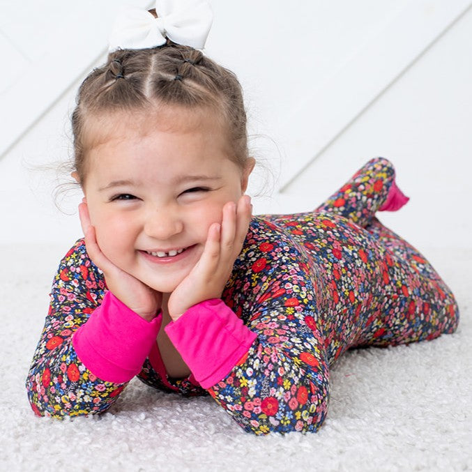 Midnight Petals convertible coverall in dark floral print with a full-length front zipper