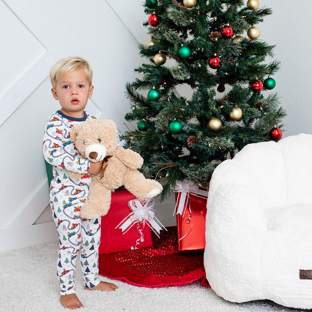 Long-sleeve holiday-themed two-piece pajama set for kids in silky bamboo fabric.