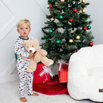 Long-sleeve holiday-themed two-piece pajama set for kids in silky bamboo fabric.