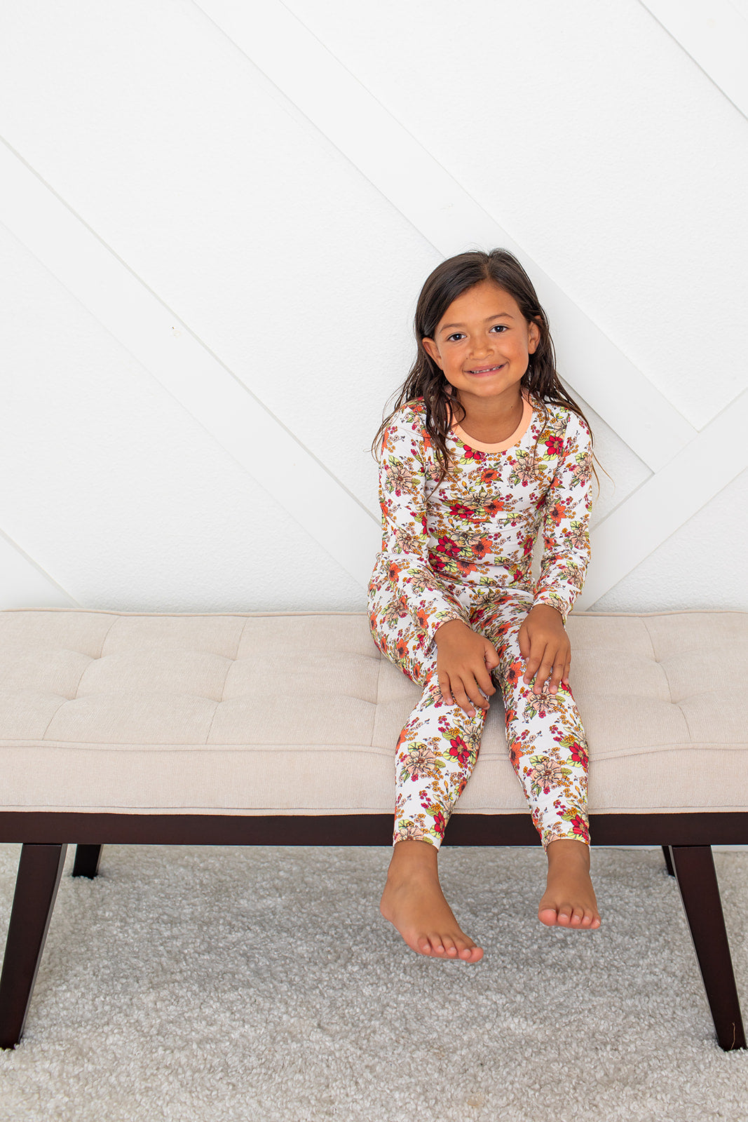 Two-piece long-sleeve pajama set with top and pants in a pink Honeyblossom print