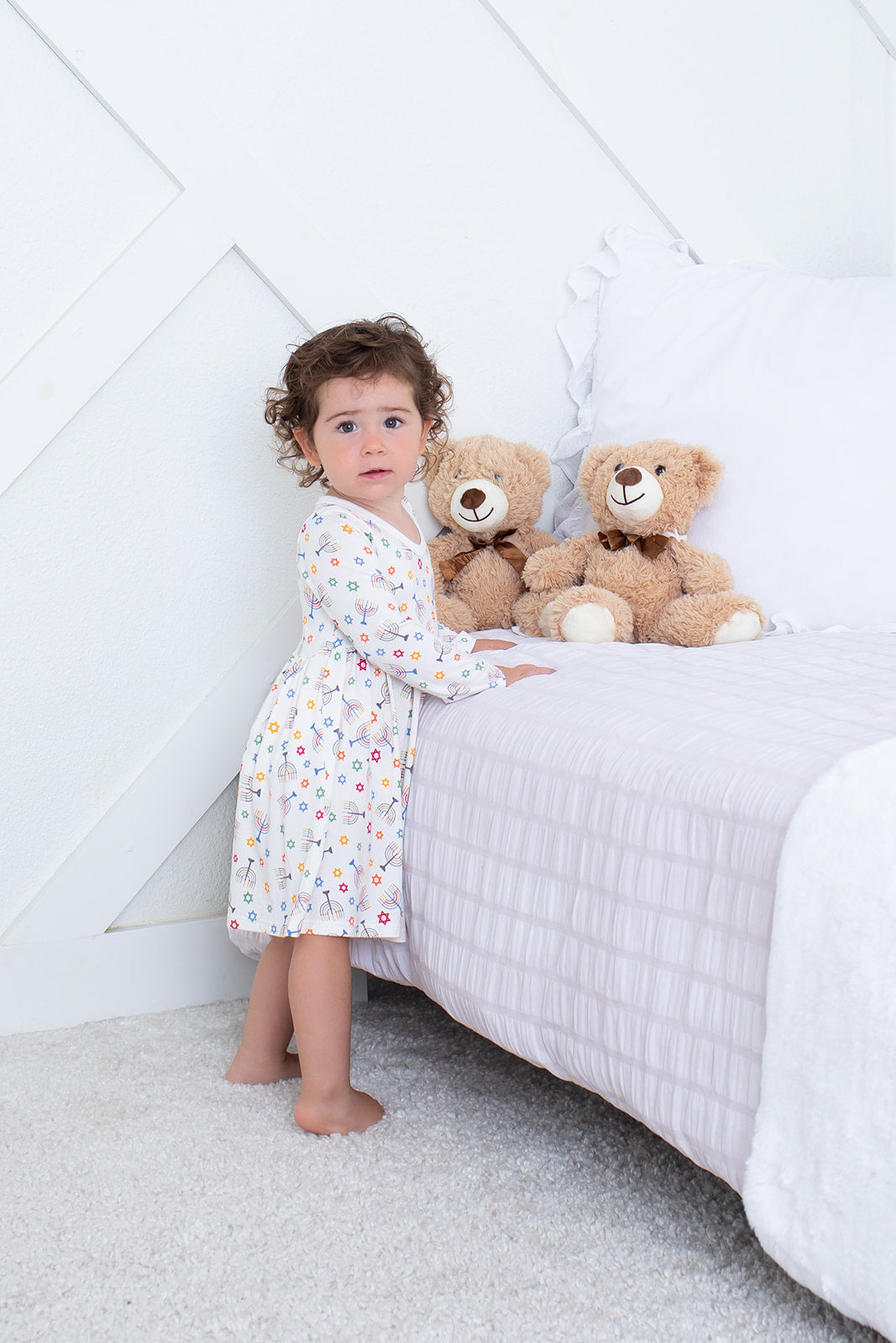 Happy Hanukkah dress with long sleeves, festive holiday print, twirl-friendly skirt