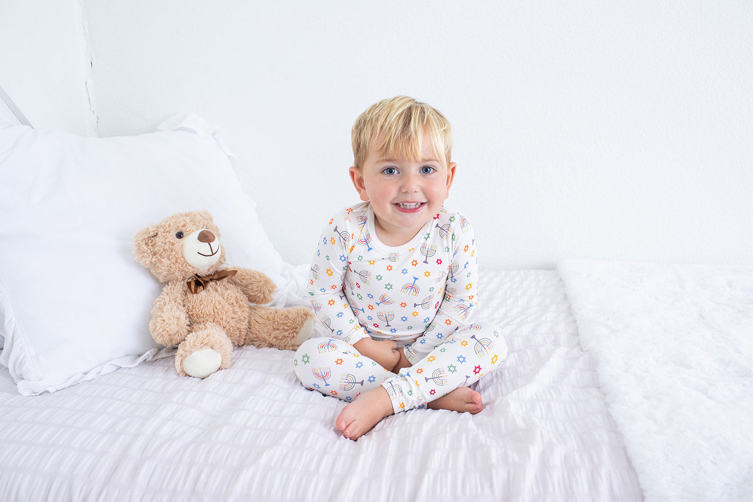 Long-sleeve two-piece baby pajama set with a Happy Hanukkah print.