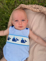 Summer Whale Embroidery Baby Boys Jonjon Stripe Romper by Rylee Faith Designs at Everetts Place