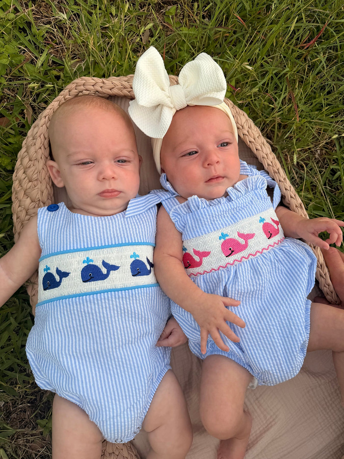 Whale Embroidered Smocked Seersucker Baby Girl Romper Bow by Rylee Faith Designs at Everetts Place