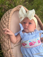 Whale Embroidered Smocked Seersucker Baby Girl Romper Bow by Rylee Faith Designs at Everetts Place