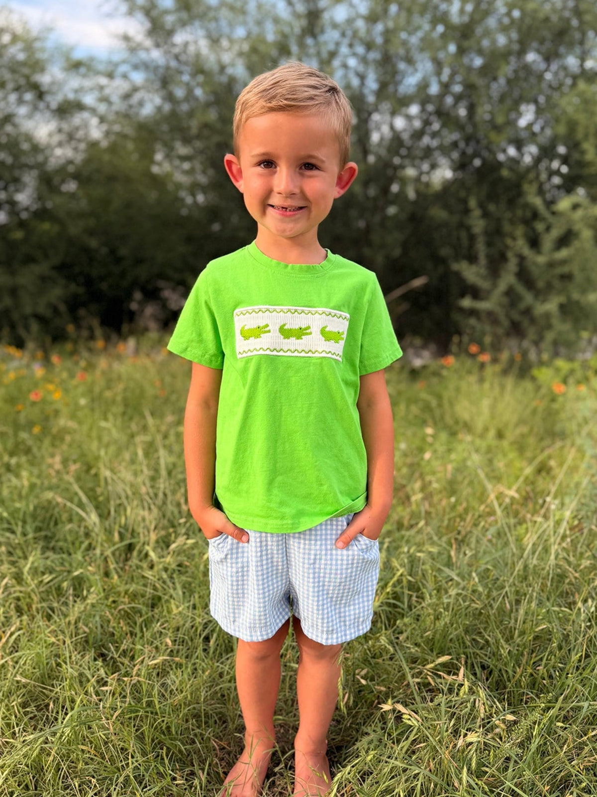 Toddler Boys Summer Crocodile Embroidered Plaid Shorts Set by Rylee Faith Designs at Everetts Place