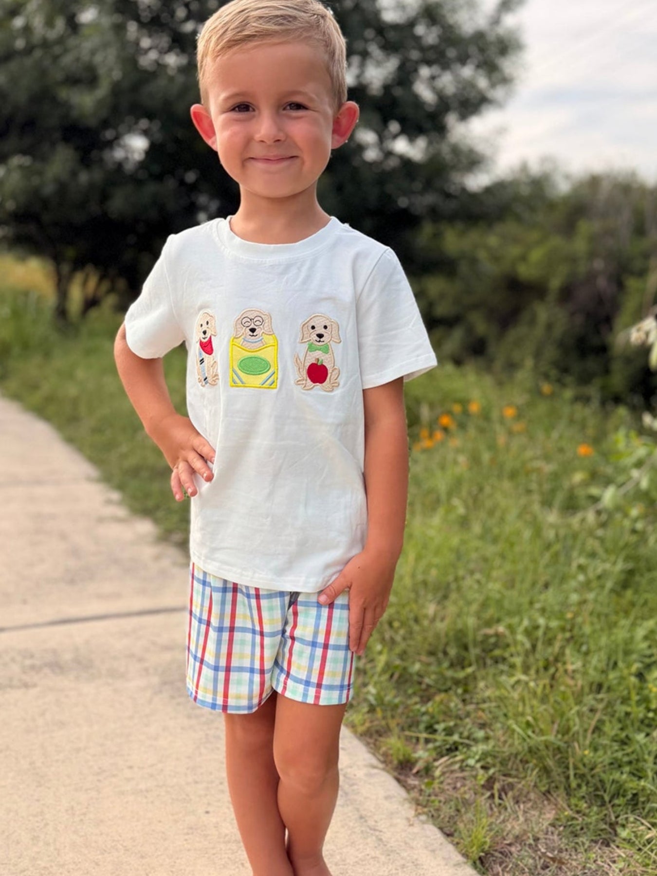 Boys Back To School Dog Plaid Short Set Applique - Sleeve, Happiness, T-shirt, Smile, Baby & Toddler Clothing | Everetts Place