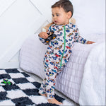 Baby joggers in a Wild Wheels vehicle print with elastic waist and drawstring, relaxed fit