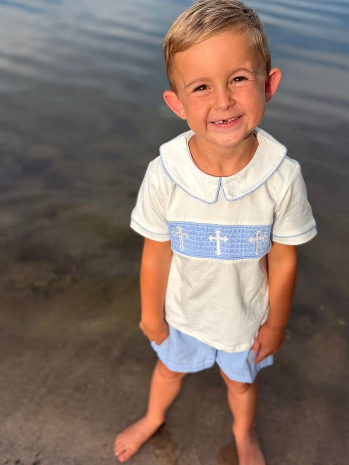 Blue Smocked Church Christ Bishop Christening Toddler Boys'Set by Rylee Faith Designs at Everetts Place