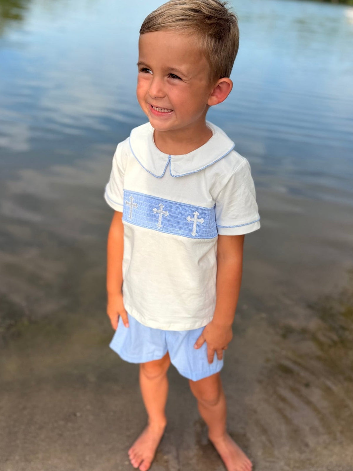 Blue Smocked Church Christ Bishop Christening Toddler Boys'Set by Rylee Faith Designs at Everetts Place
