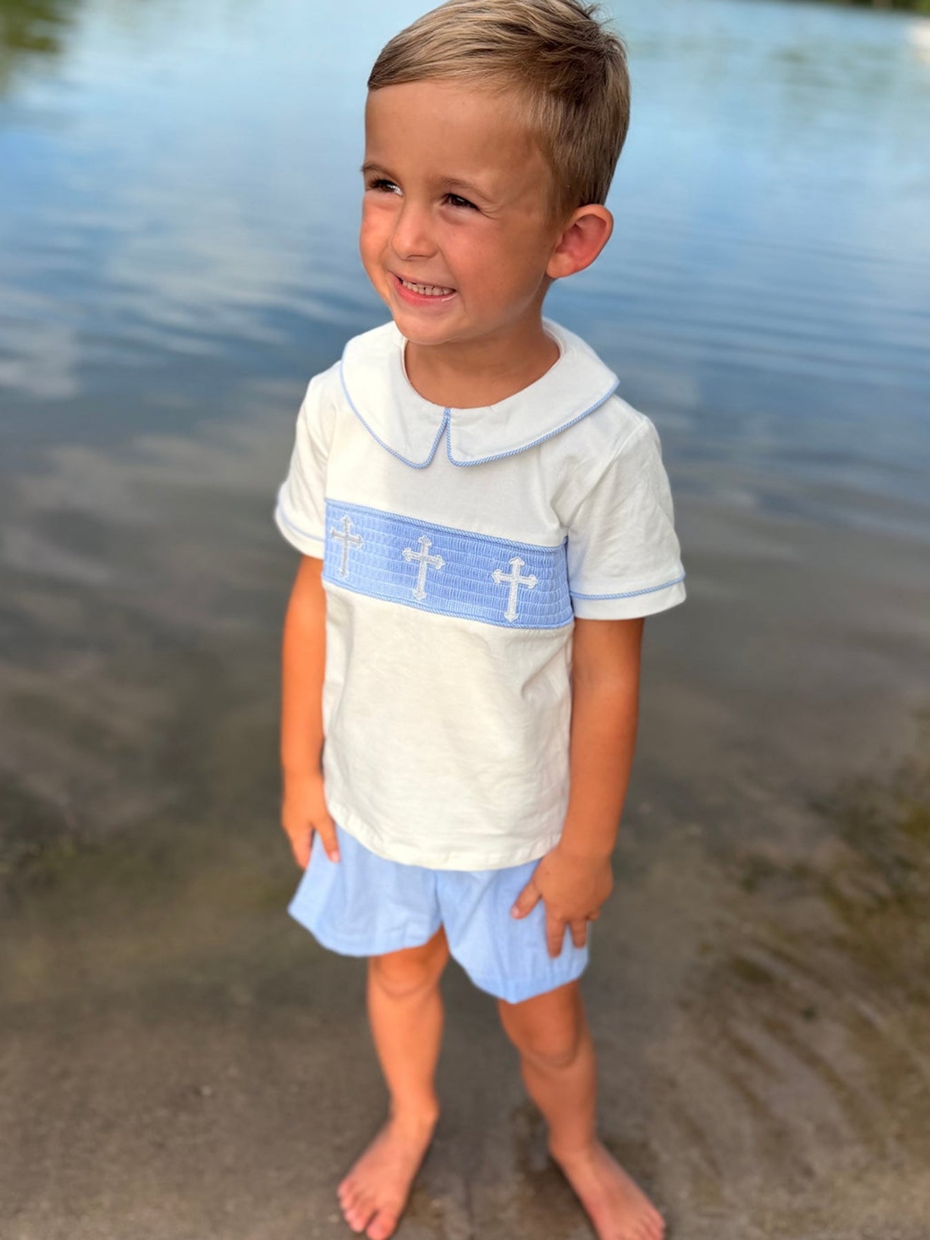 Blue Smocked Church Christ Bishop Christening Toddler Boys'Set by Rylee Faith Designs at Everetts Place