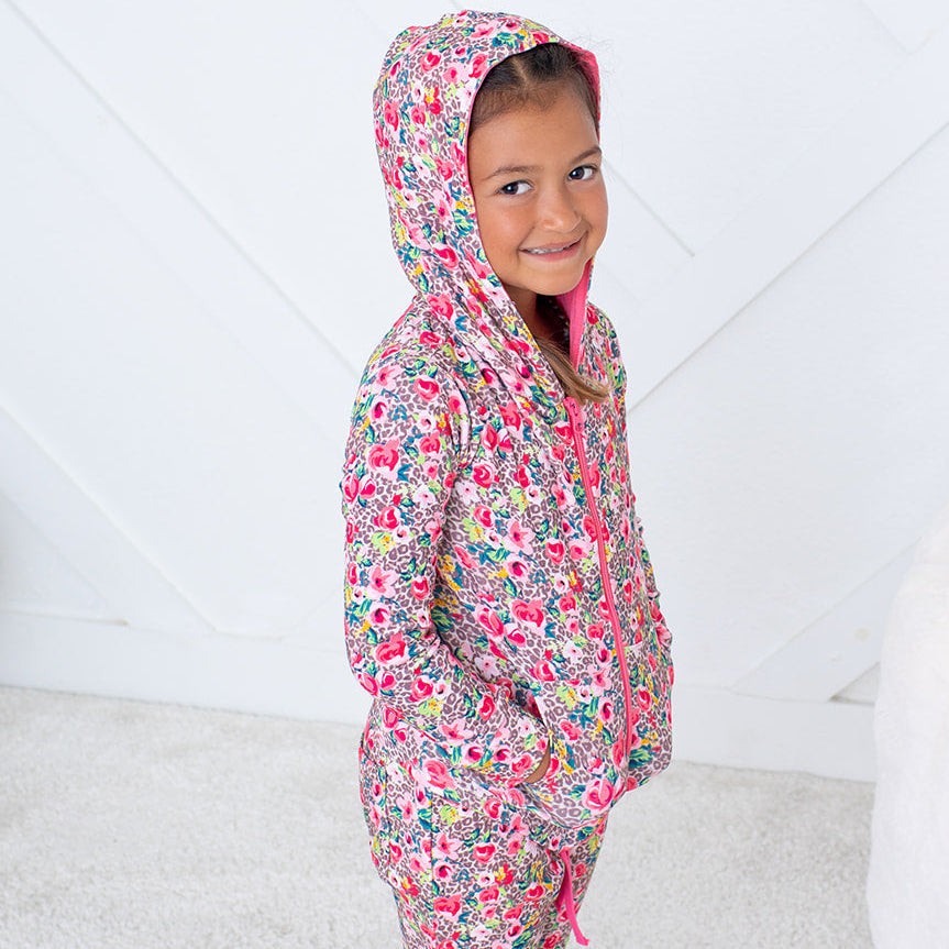 Savanna Rose zipper hoodie with lined hood and kangaroo pockets in a rose floral pattern