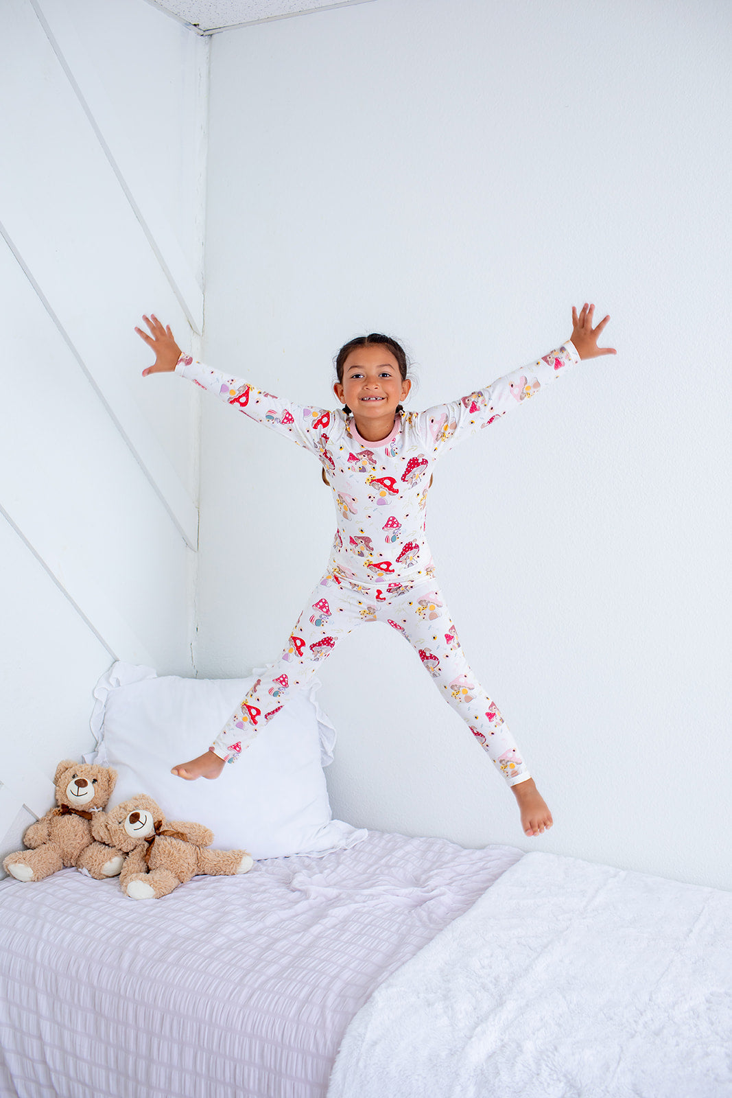 Long-sleeve two-piece pajama set with a floral mushroom print, top and matching pants.