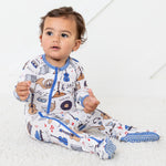 Baby footie pajamas in a boogie print with a full-length zipper and covered feet