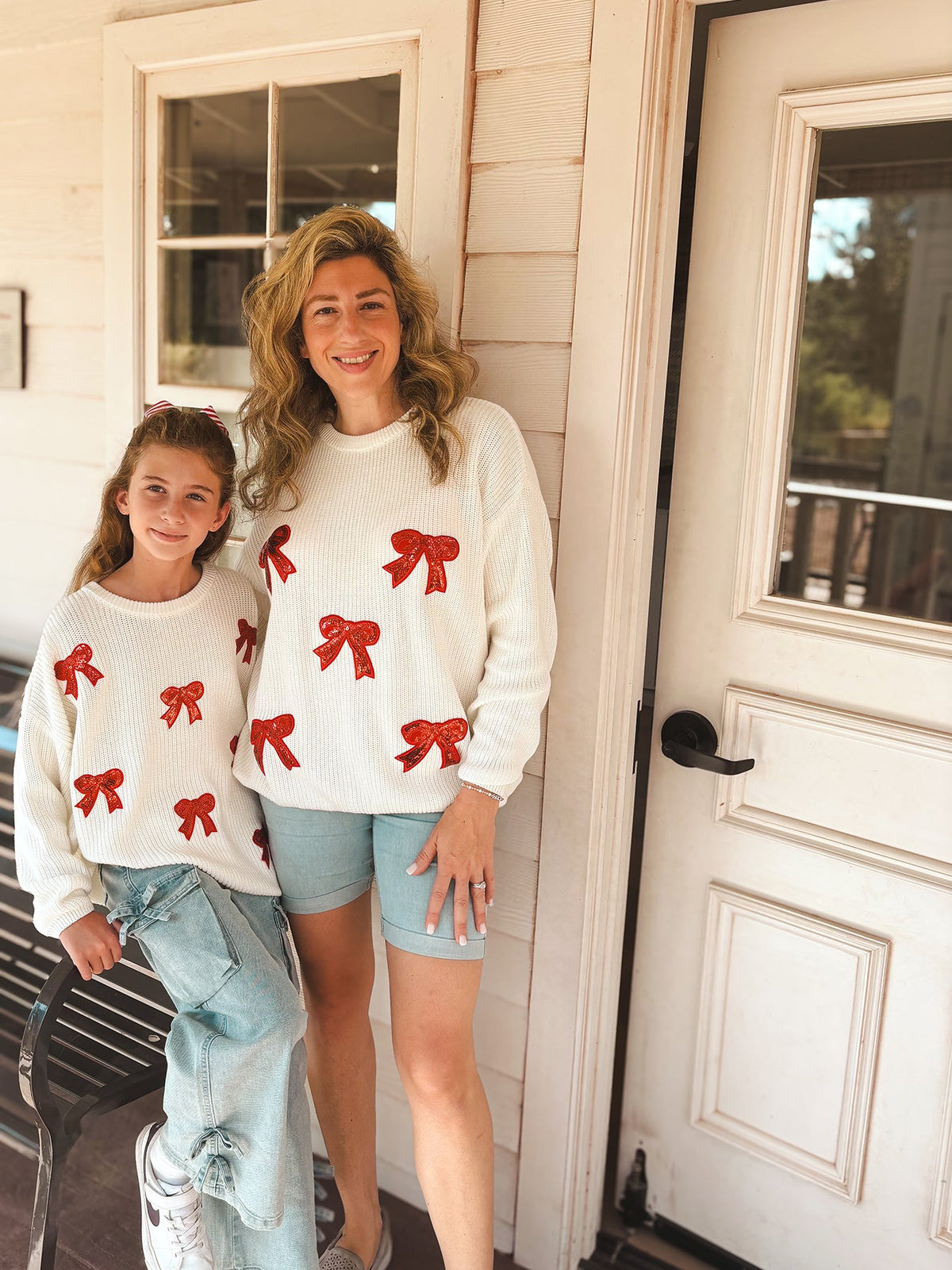 Cotton Pullover Sweater, Girls Bow Sequins, Mommy & Me by Rylee Faith Designs
