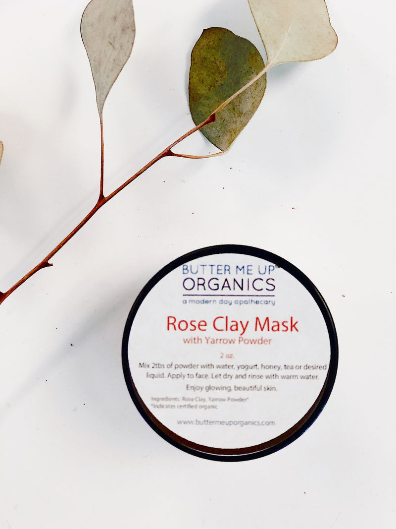 Rose Clay Face Mask jar with yarrow powder, detox and circulation benefits.