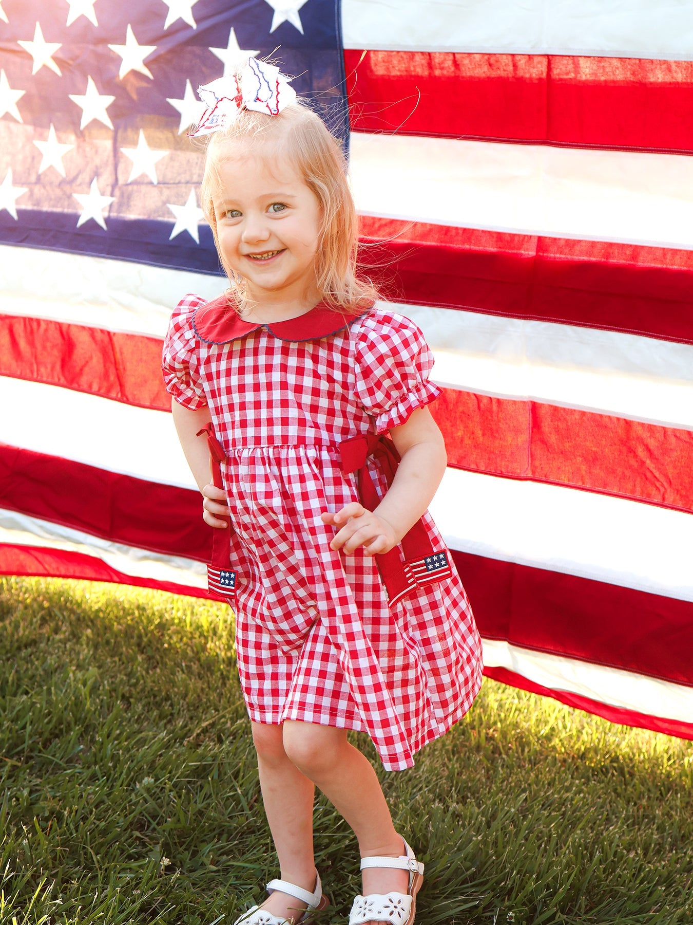 4th of July Flag Plaid Girl Peter Pan Collar Dress Bow by Rylee Faith Designs at Everetts Place