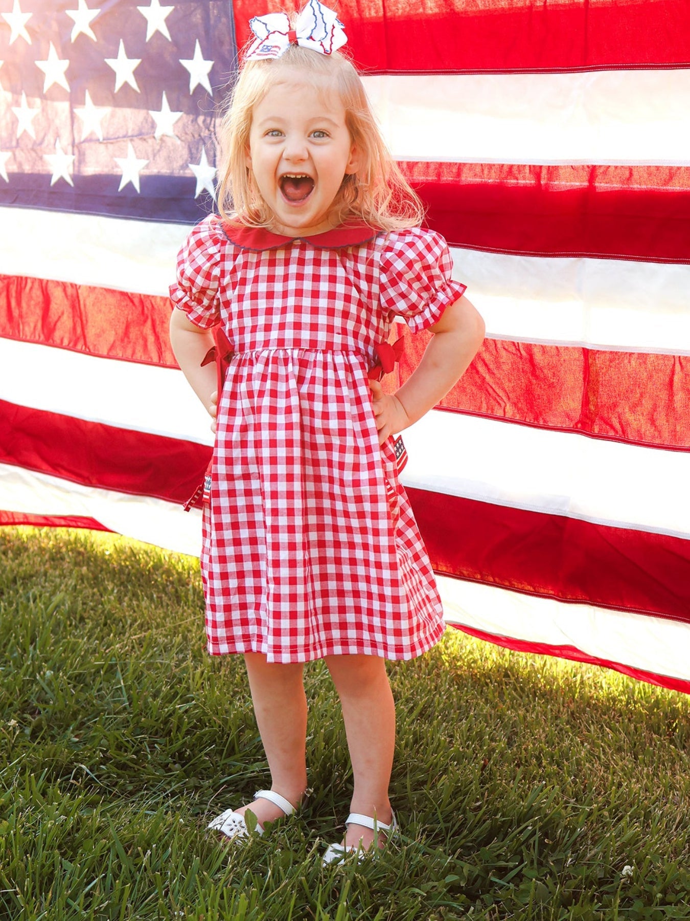 4th of July Flag Plaid Girl Peter Pan Collar Dress Bow by Rylee Faith Designs at Everetts Place