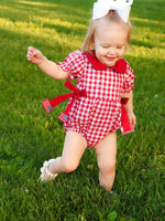 4th of July Flag Plaid Girl Peter Pan Collar Romper Bow by Rylee Faith Designs at Everetts Place