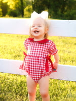 4th of July Flag Plaid Girl Peter Pan Collar Romper Bow by Rylee Faith Designs at Everetts Place