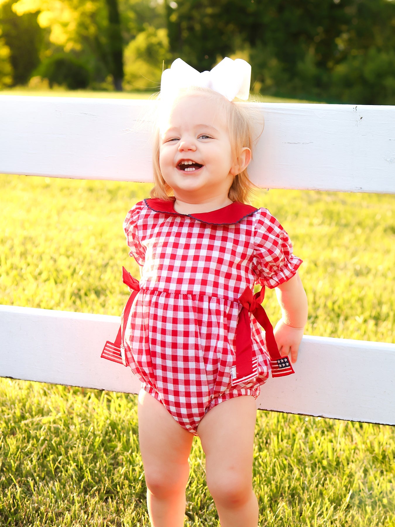 4th of July Flag Plaid Girl Peter Pan Collar Romper Bow by Rylee Faith Designs at Everetts Place