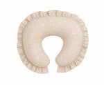 Nursing pillow cover in beige with white floral print and ruffle trim along the edge