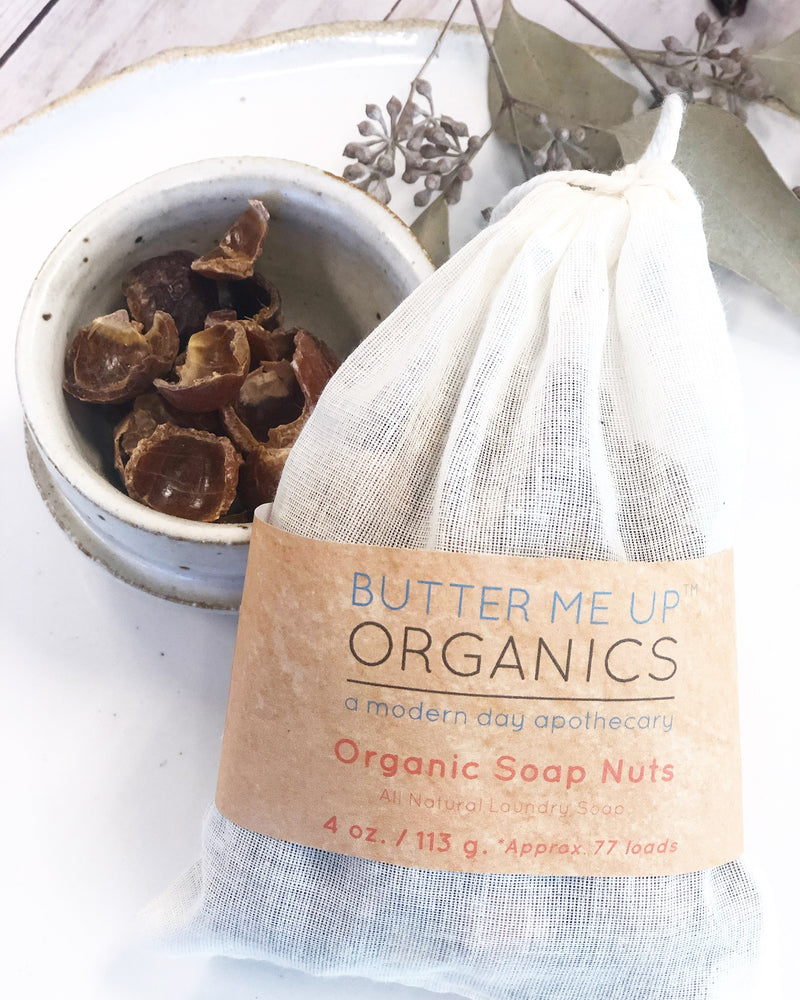 Organic Soap Nuts in muslin bag, eco-friendly laundry detergent alternative.