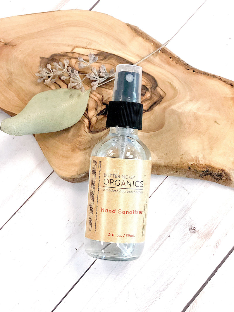 Organic hand sanitizer in 2 oz. spray bottle by Butter Me Up Organics, triclosan-free and alcohol-free.