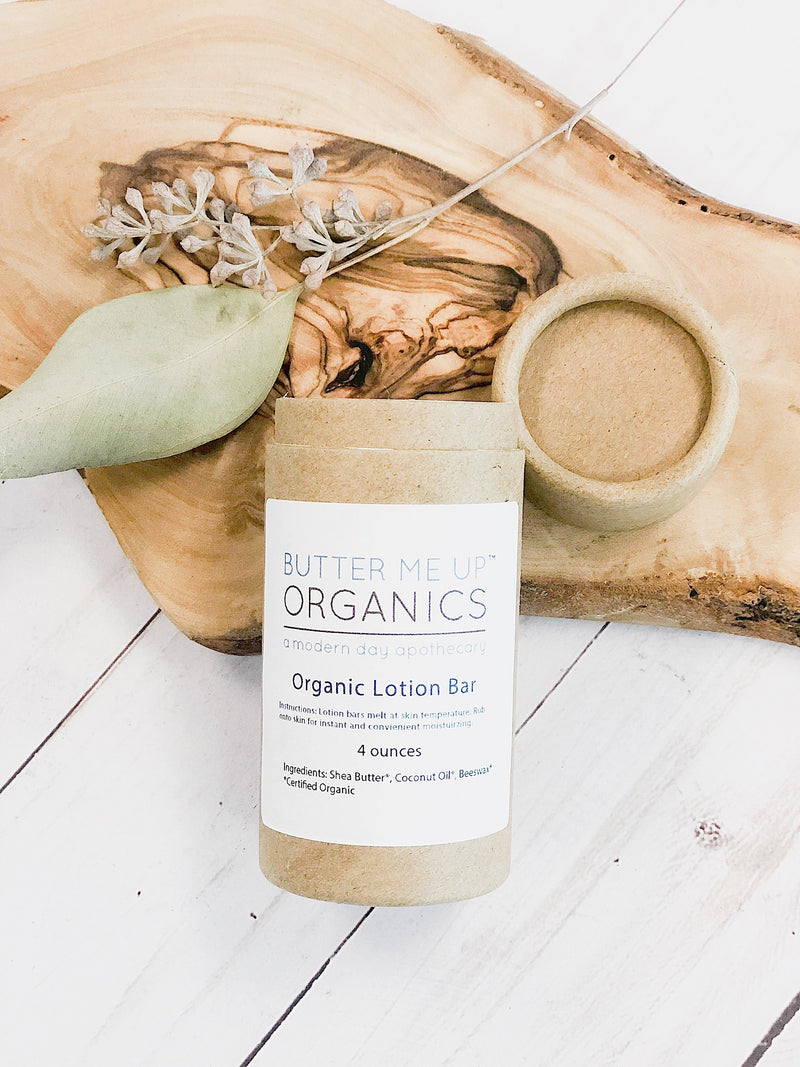 Organic Lotion Bar with Shea Butter and Coconut Oil in eco-friendly packaging.