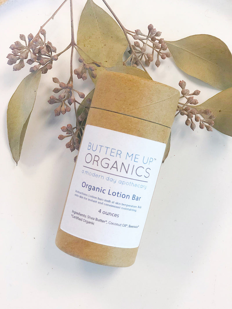 Organic Lotion Bar with Shea Butter and Coconut Oil, ultra-hydrating, eco-friendly packaging.