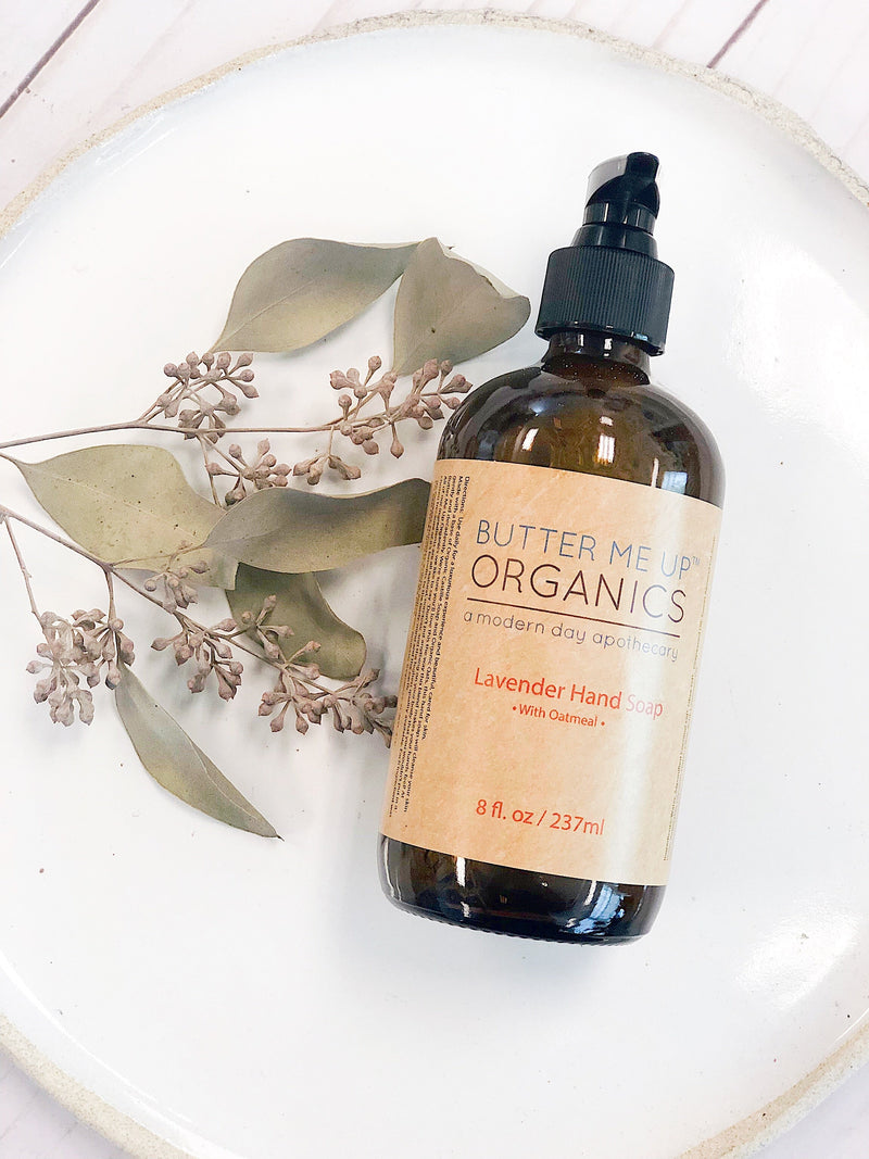 Organic Oatmeal Hand Soap bottle with lavender scent by Butter Me Up Organics, eco-friendly packaging.