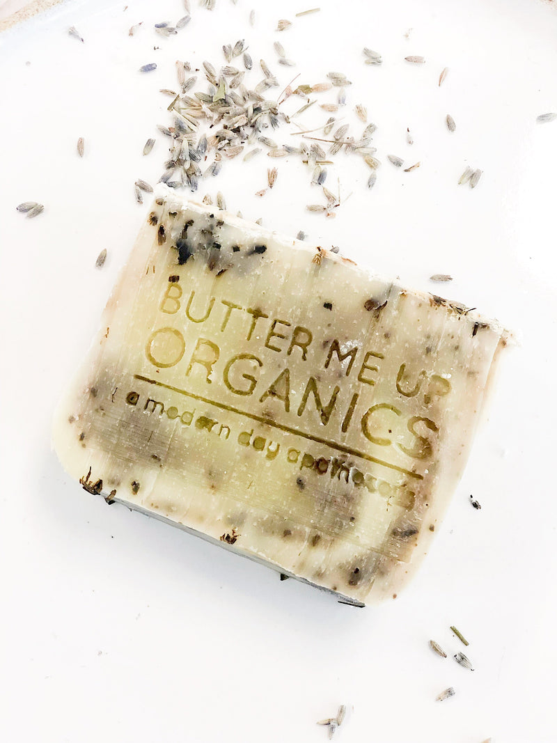 Harmony Soap bar with lavender buds, organic ingredients, and branded label from Butter Me Up Organics.