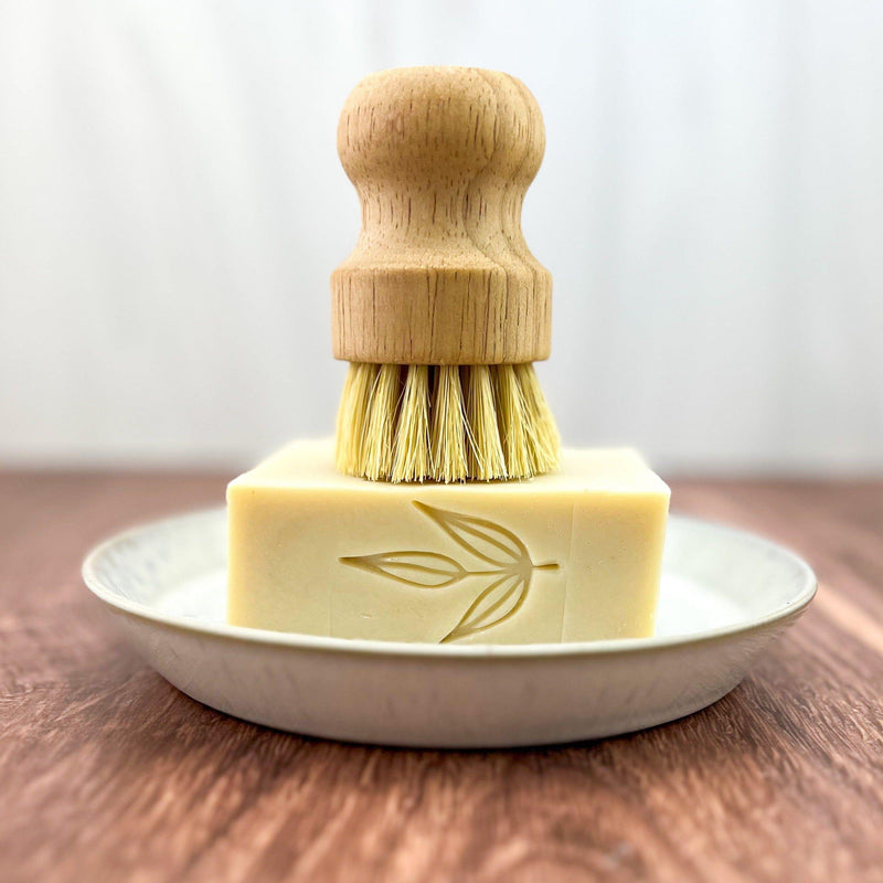 Solid dish soap bar with bamboo pot brush, eco-friendly cleaning solution.