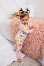 Convertible baby coverall with a colorful Easter egg parade print and a full-length front zipper