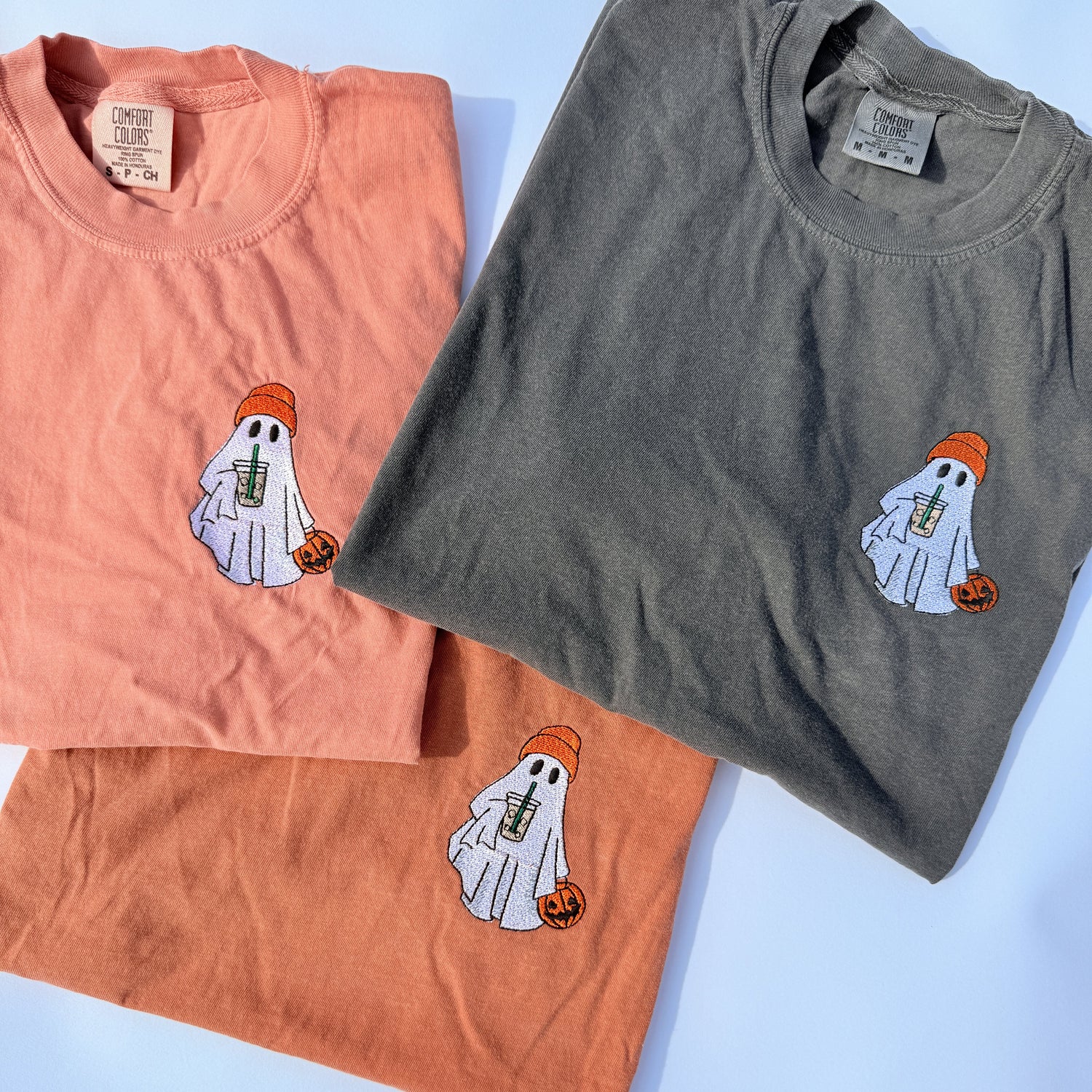 Garment-dyed relaxed-fit tee with an embroidered iced coffee cup shaped like a ghost on the chest.