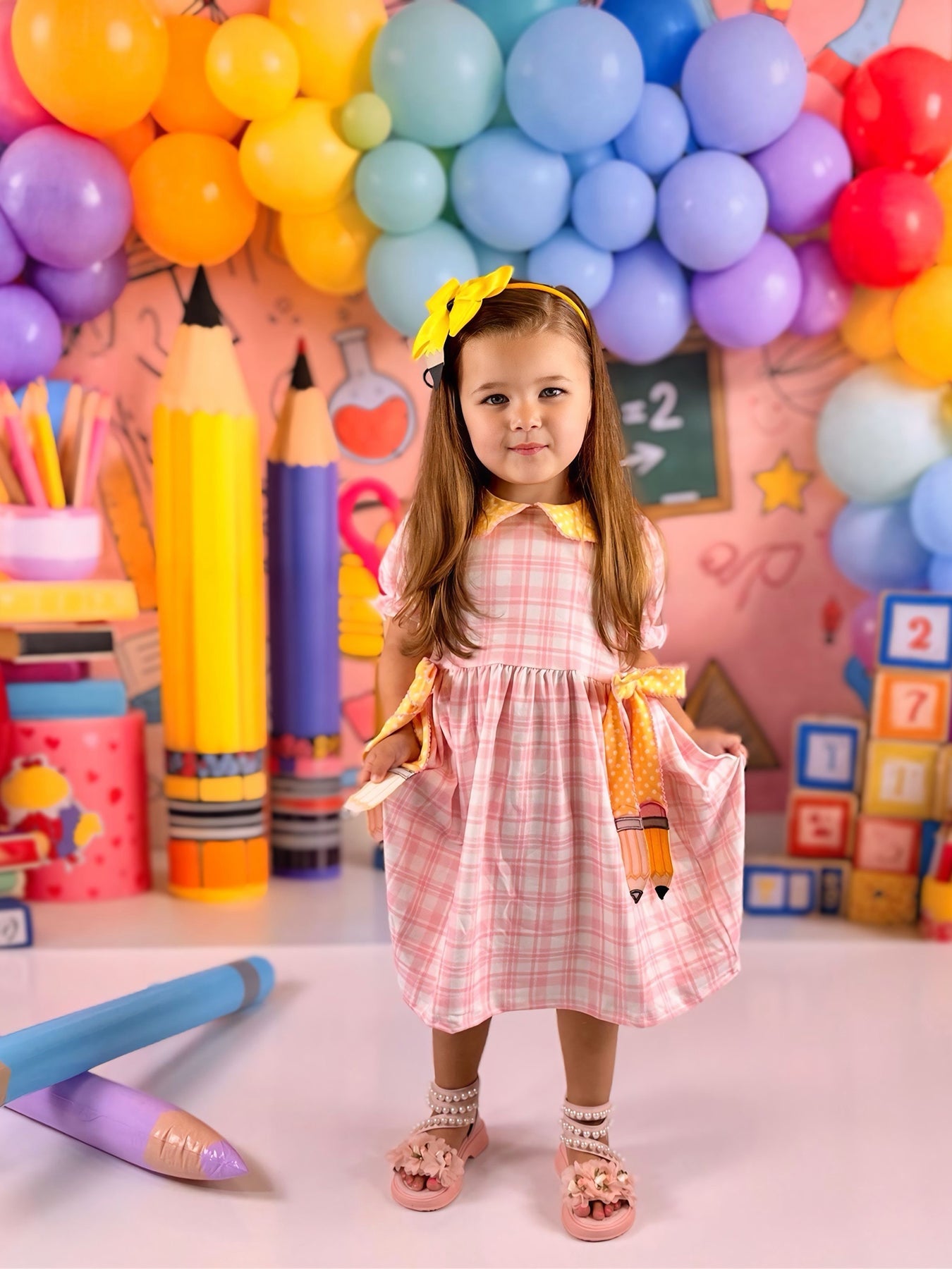 Girls Back To School Pencil Twirl Dress Bow Applique Smocked by Rylee Faith Designs at Everetts Place
