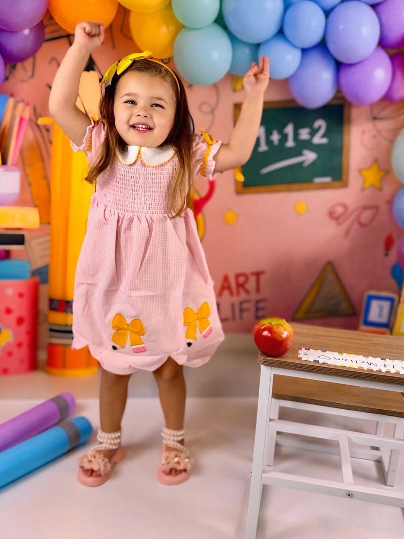 Girls Back To School Pencil Twirl Dress Bow Applique Smocked - Clothing, Head, Happiness, Dress, Baby & Toddler Clothing | Everetts Place
