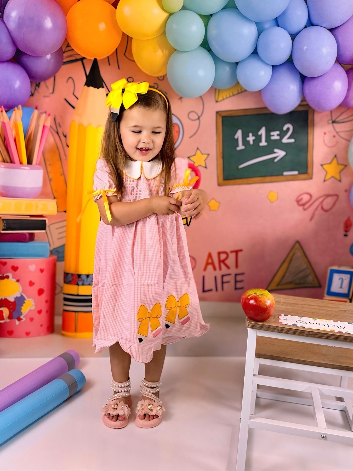 Girls Back To School Pencil Twirl Dress Bow Applique Smocked by Rylee Faith Designs at Everetts Place